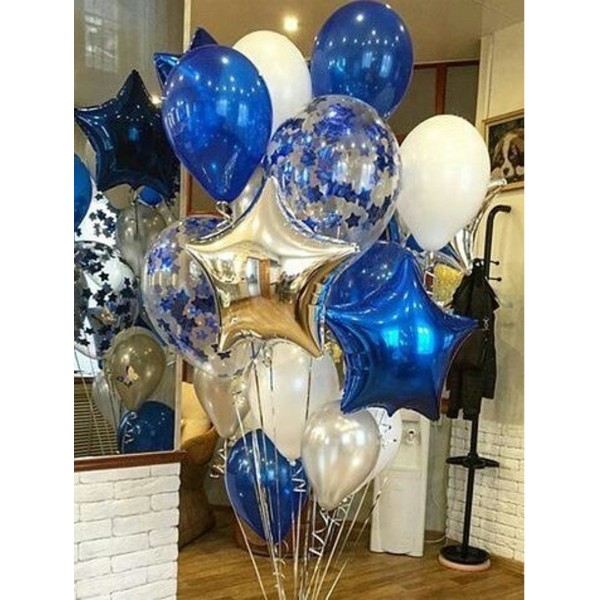 Фонтан воздушных шаров "Белый-синий-серебро"